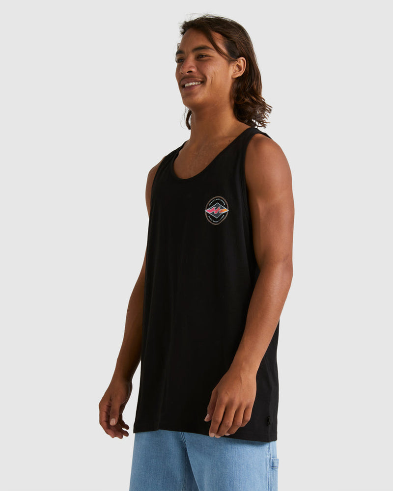 Side view of black surf tank paired with light blue shorts