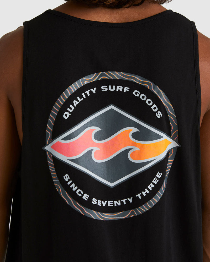 Close-up of large back graphic that reads “Quality Surf Goods Since Seventy Three”