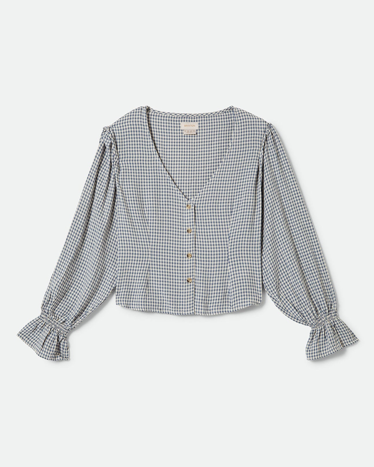 Gingham blouse with a deep V-neckline, button-down front, puffed sleeves, and ruffle cuffs in a lightweight fabric.