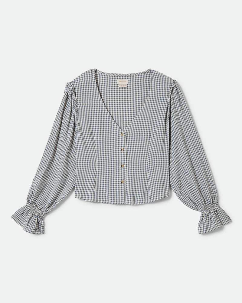 Gingham blouse with a deep V-neckline, button-down front, puffed sleeves, and ruffle cuffs in a lightweight fabric.