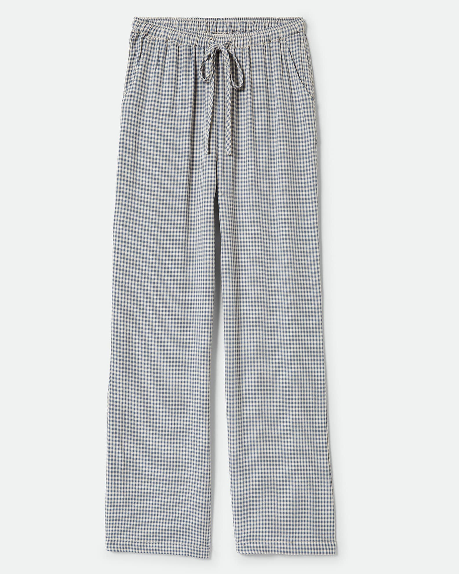 Lightweight gingham pants with an elastic drawstring waist and relaxed fit, featuring side pockets for a casual look.
