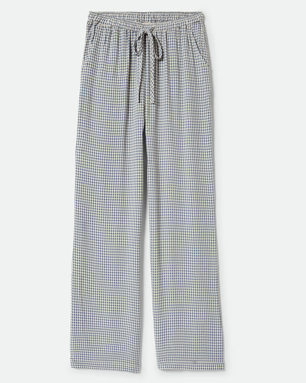 Lightweight gingham pants with an elastic drawstring waist and relaxed fit, featuring side pockets for a casual look.