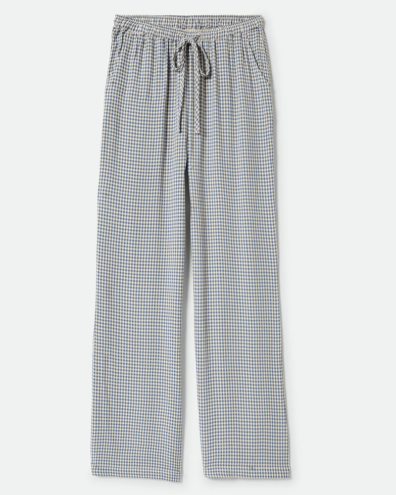 Lightweight gingham pants with an elastic drawstring waist and relaxed fit, featuring side pockets for a casual look.