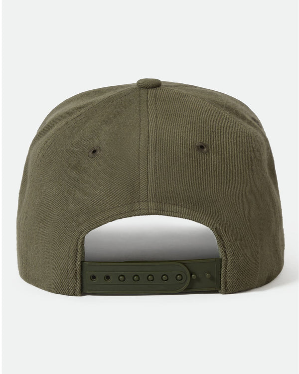 Back view of an olive green snapback cap with an adjustable strap closure, showcasing a six-panel design and stitched eyelets.