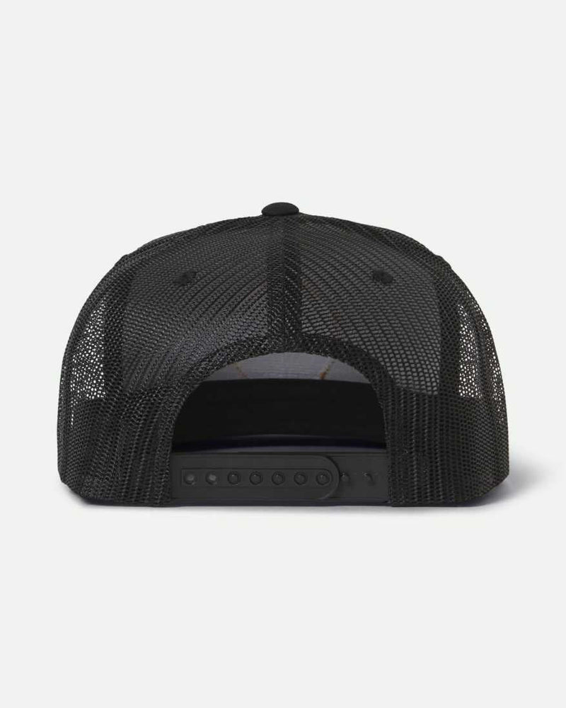Rear view of black Brixton trucker cap with adjustable snapback closure.