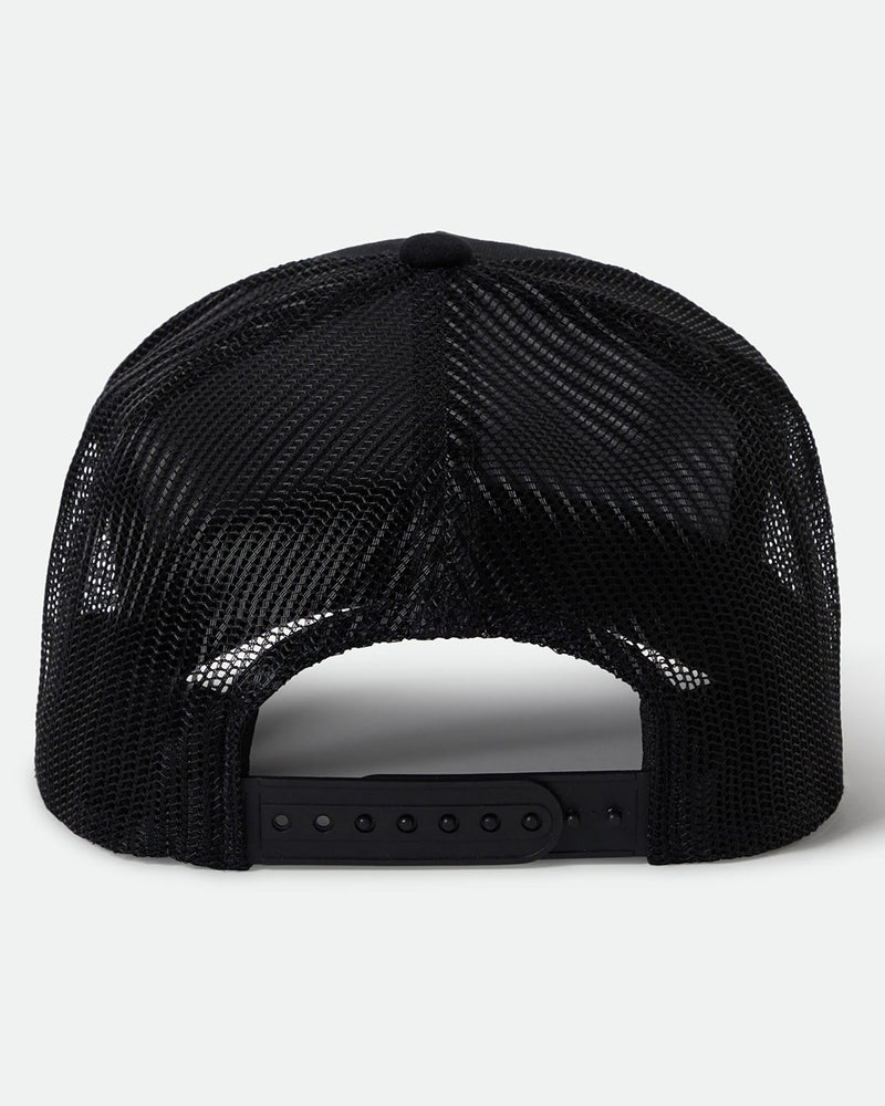 Back view of a black trucker cap featuring an adjustable snapback closure and a breathable mesh design for ventilation.