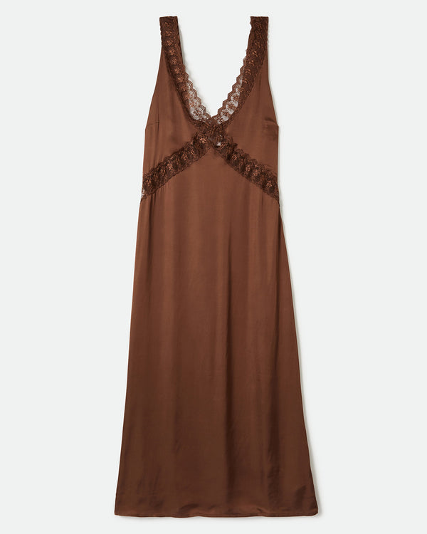 Brown satin slip dress with delicate lace trim and a deep V-neckline, featuring an elegant flowing silhouette.