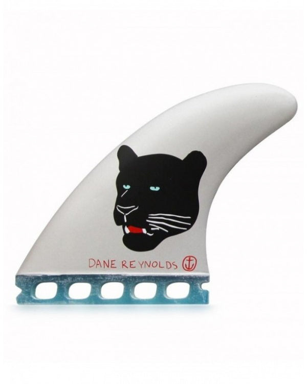 White Dane Reynolds surfboard fin with black panther graphic, red signature, and dual tab base for FCS fin systems.
