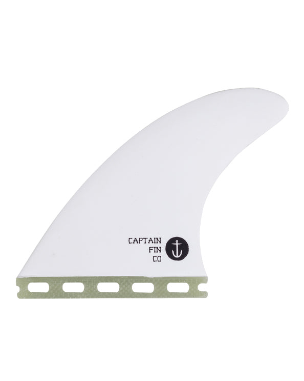 Captain Fin Co. surfboard fin in white with green base and single tab design