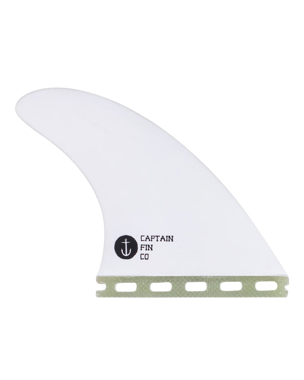 Captain Fin Co. longboard centre fin in white with green base and anchor logo