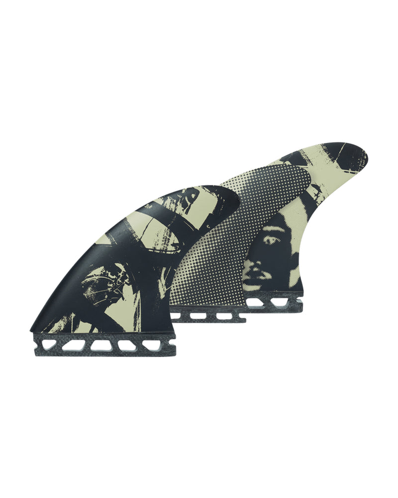 Twin tab surfboard fins featuring black and cream abstract artwork and portrait design