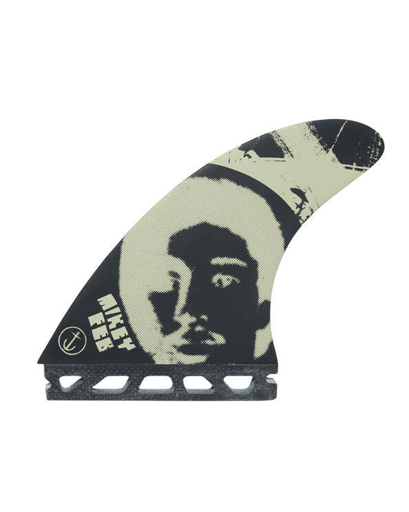 Twin tab surfboard fins with black and cream artwork and portrait detailing