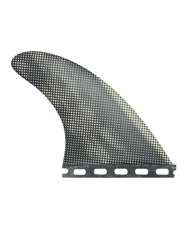 Black and cream surfboard centre fin with dotted abstract artwork and twin tab base