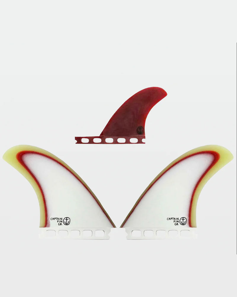 Captain Fin Co tri-fin set with white and yellow side fins and red centre trailer fin, dual tab base.