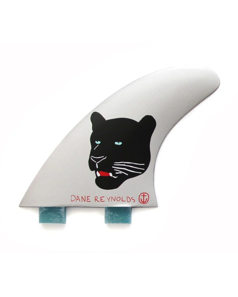 Grey surfboard fin featuring a black panther graphic with Dane Reynolds signature in red.
