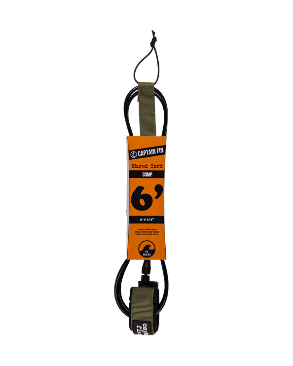 Captain Fin Shred Cord 6ft comp surfboard leash in olive green with orange packaging