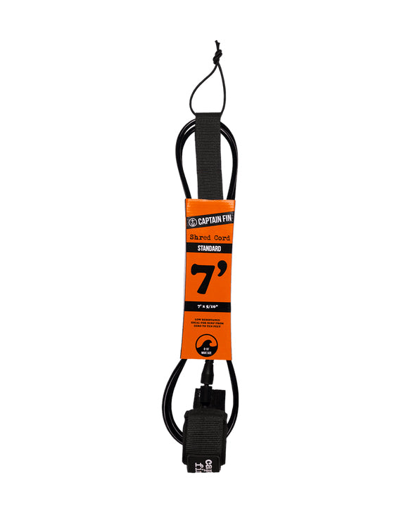 Black surfboard leash with 'Captain Fin' branding on a white background