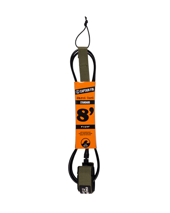 Captain Fin Shred Cord 8ft surfboard leash in olive green with orange packaging