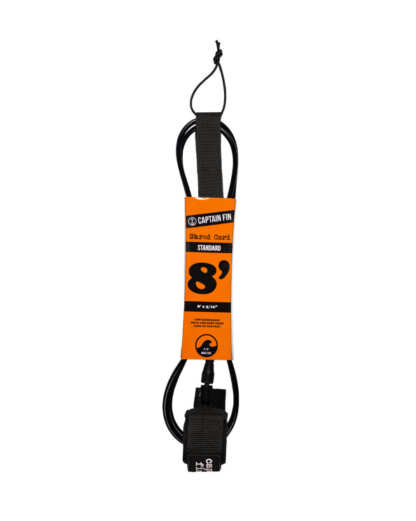 Black surfboard leash with 'Captain Fin' branding on a white background