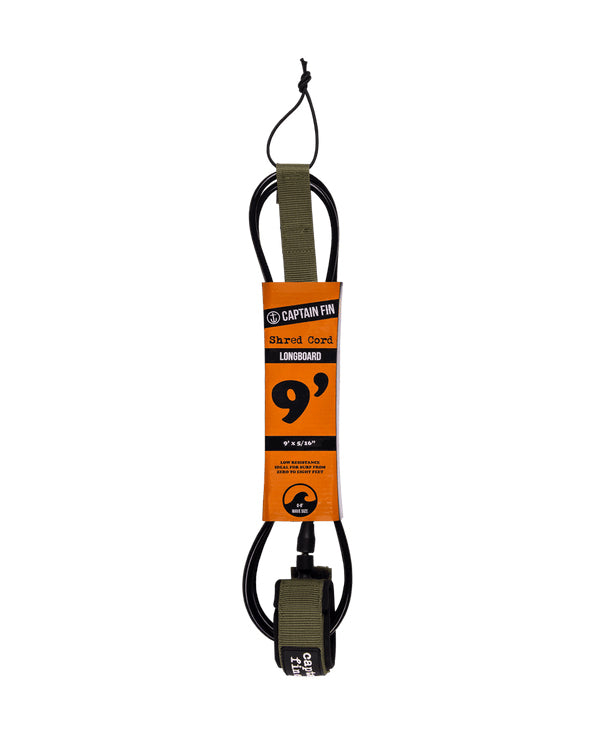 Captain Fin 9ft Shred Cord longboard leash with olive green ankle cuff and orange packaging