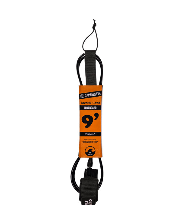 Captain Fin 9ft Shred Cord longboard leash with black ankle cuff and orange packaging