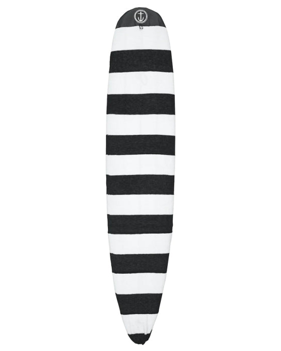 Black and white striped surfboard sock cover with drawstring nose and anchor logo on the tail.