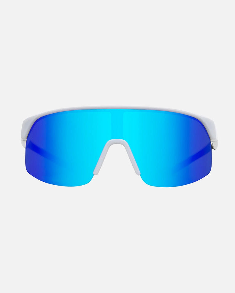 White Carve sunglasses with blue mirrored shield lens.