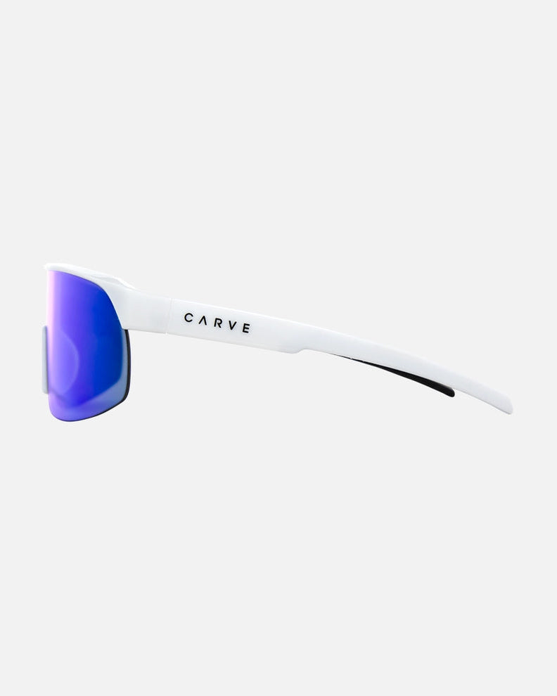 Side view of white Carve sunglasses with logo on the arm.