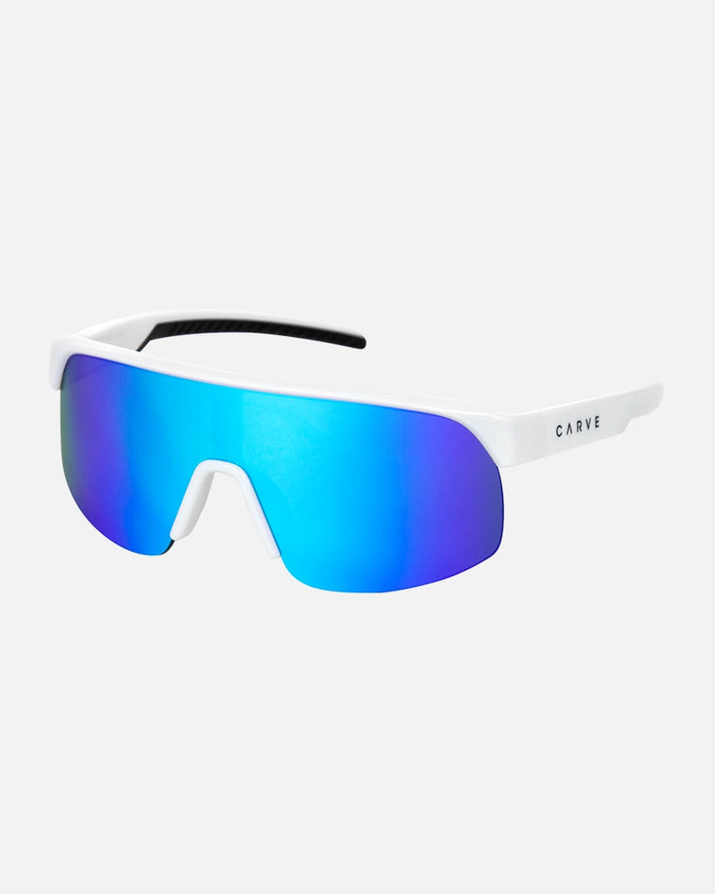 Angled view of white Carve sunglasses with blue mirrored lens.