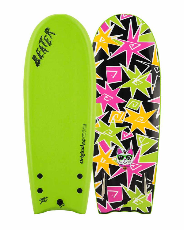 Bright green Catch Surf Beater Original 54 twin fin softboard with neon star graphics and BB cat logo on base.