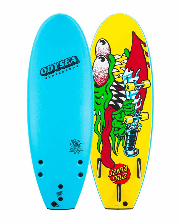 Blue Odysea x Santa Cruz softboard with bold monster graphic base and tri fin setup for all-round fun performance.