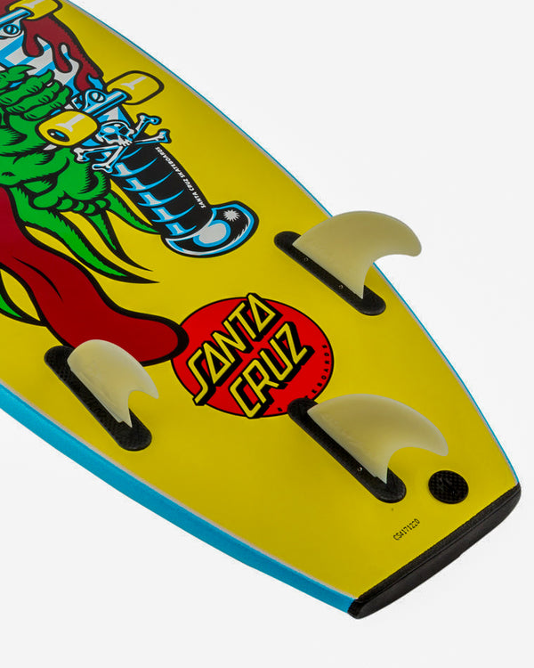 Close-up of Santa Cruz softboard tail featuring bright yellow graphic deck and tri fin configuration.