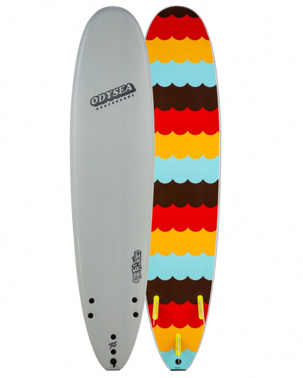 Surfboard with colorful pattern on one side and gray side on the other, featuring Odysea branding.