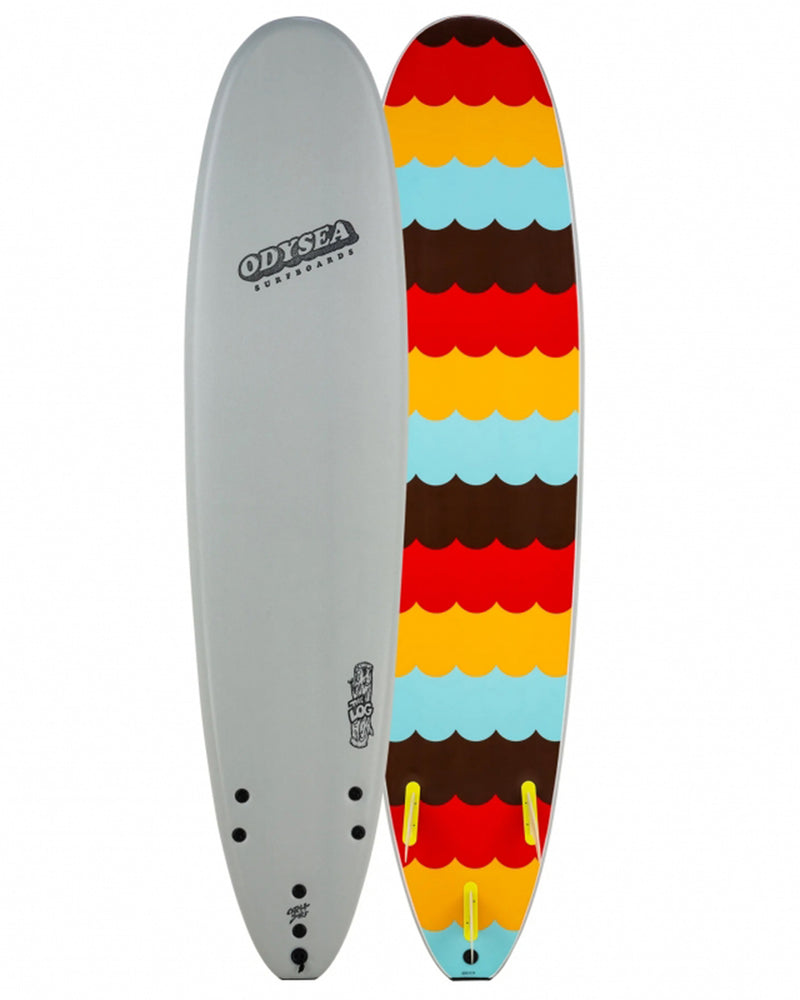 Surfboard with colorful pattern on one side and gray side on the other, featuring Odysea branding.