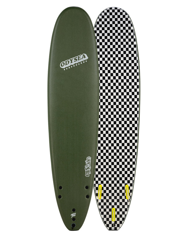 Green and checkered surfboard with Odysseas logo on a white background