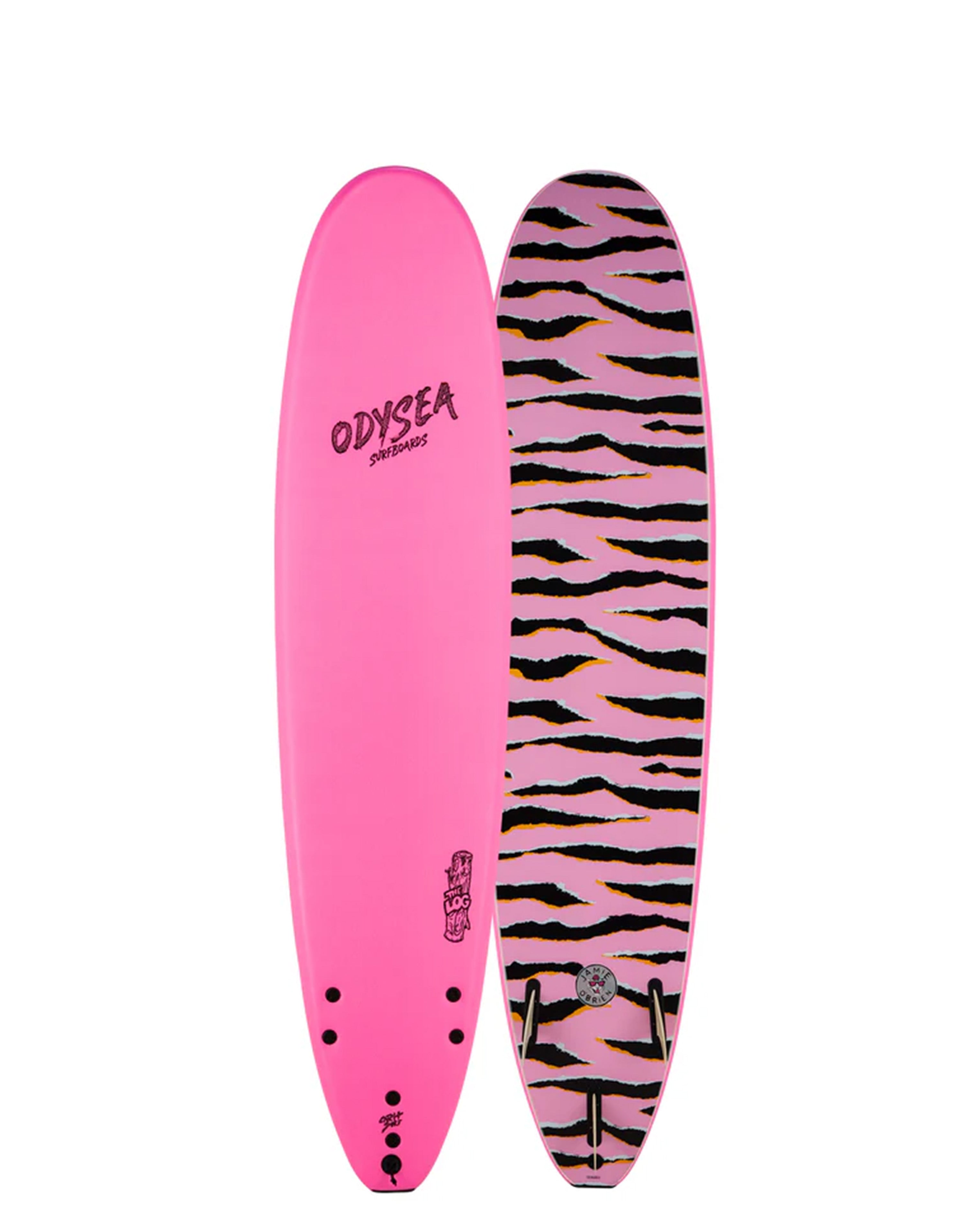 Pink Odysea softboard with black tiger-stripe print on bottom and triple fin setup.