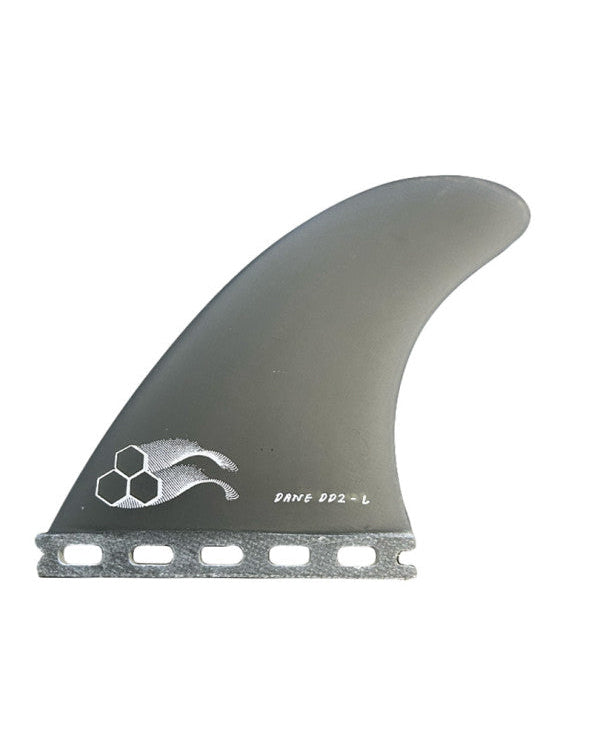 Channel Islands Dane DD2 single fin in smoke grey with hex logo and large size marking
