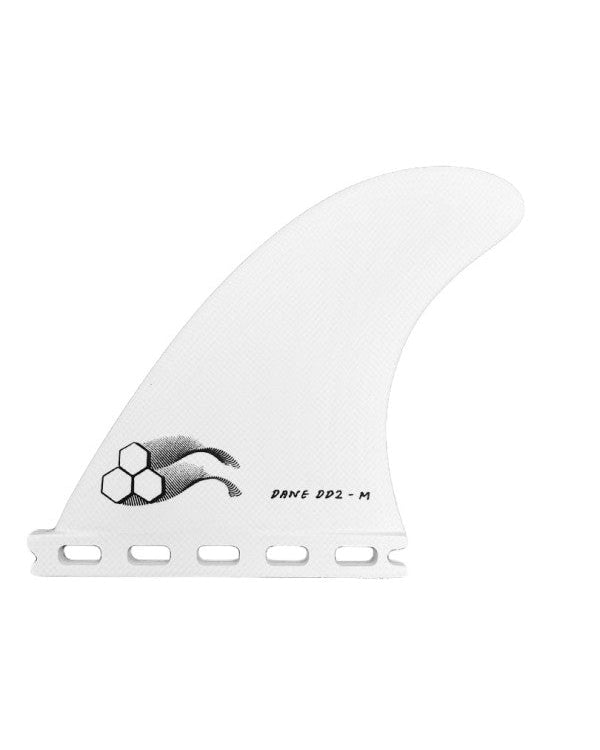 Channel Islands Dane DD2 single fin in white with hex logo and medium size marking
