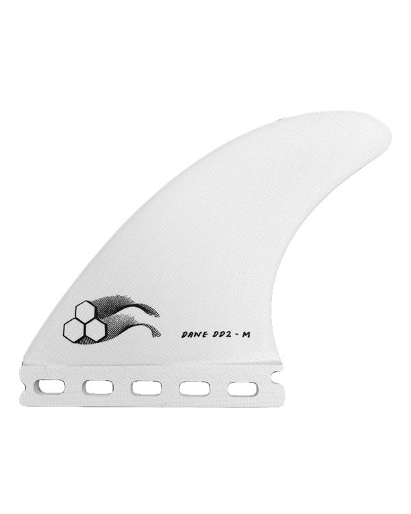 Channel Islands Dane DD2 surfboard fin in white with hex logo and FCS longboard base