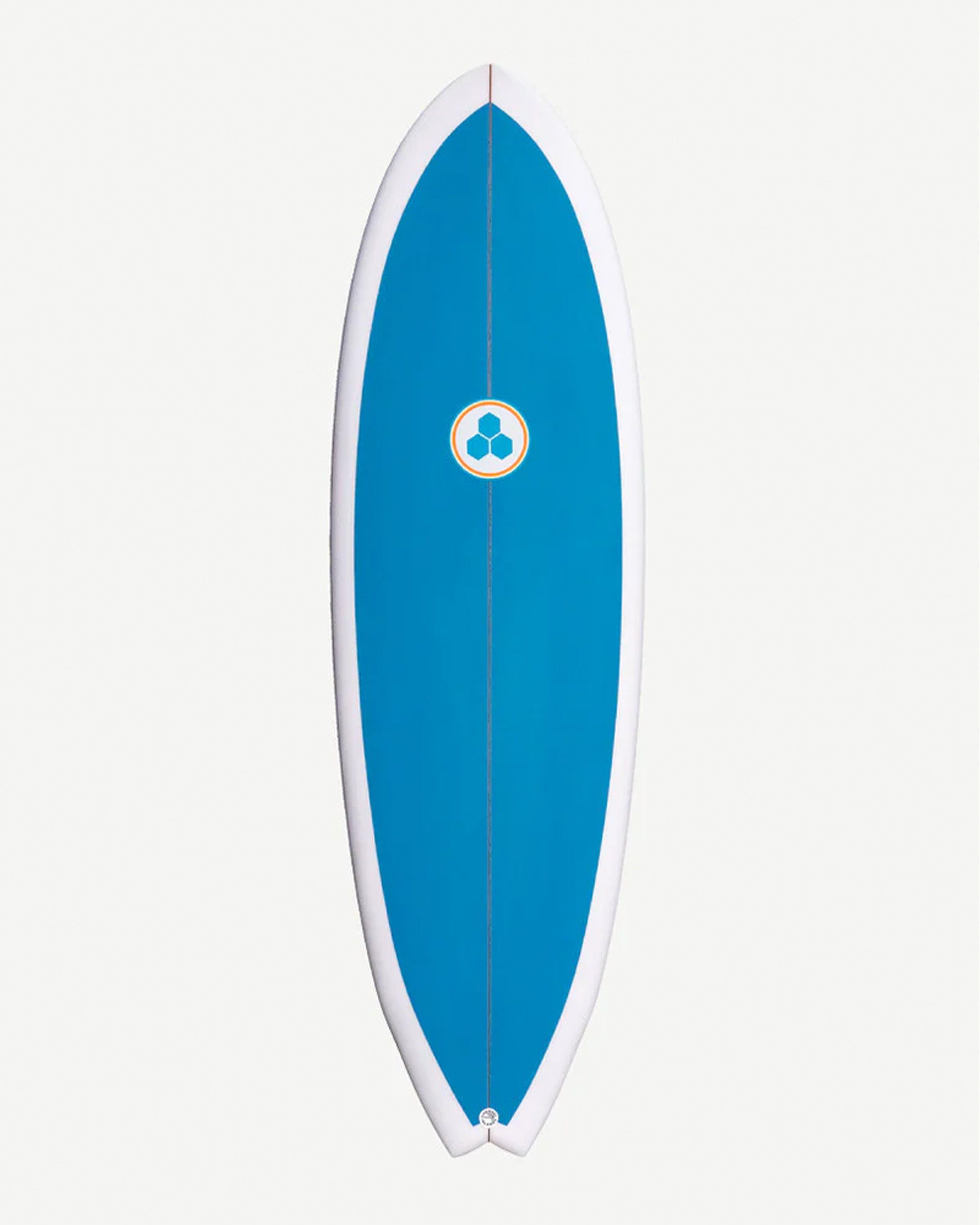 Blue Channel Islands surfboard with white rails and centre logo, featuring a twin fin setup