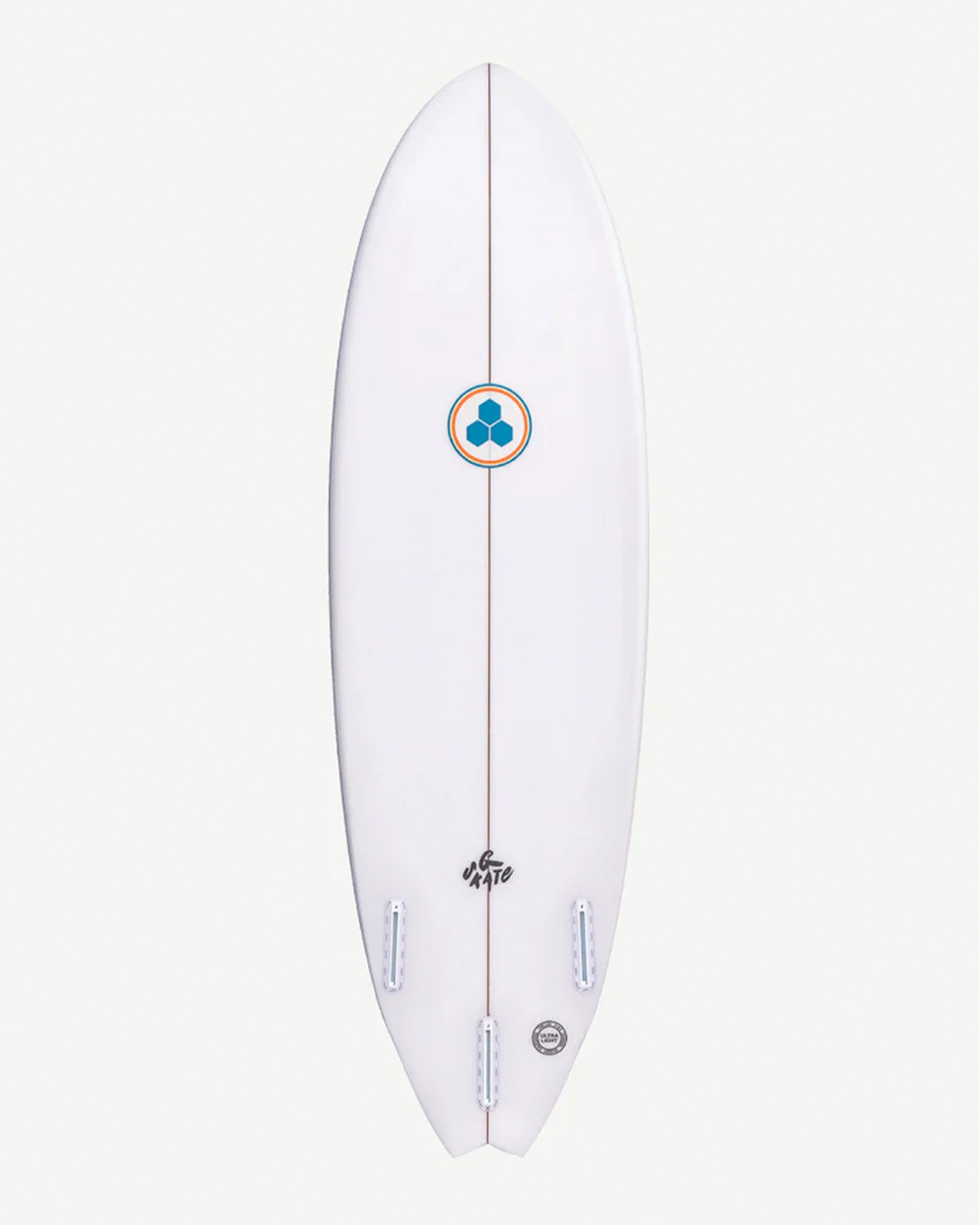White Channel Islands surfboard with centre logo, quad fin setup and swallow tail design