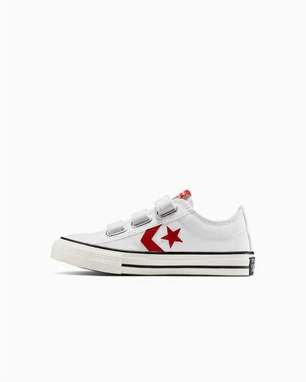 Converse kids' sneakers in white with red details, viewed from the opposite side profile.