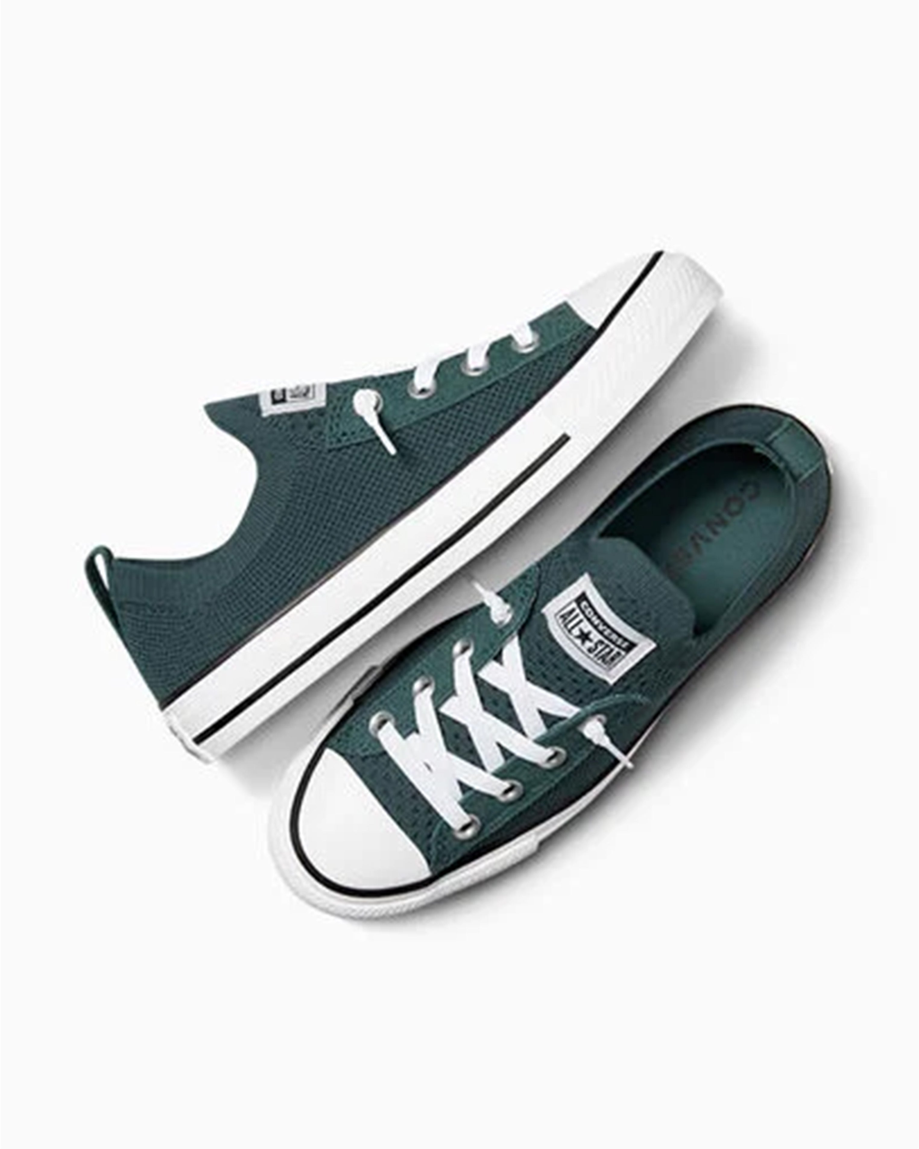 Top and side view of green knit Converse sneakers with white laces and All Star tongue label.