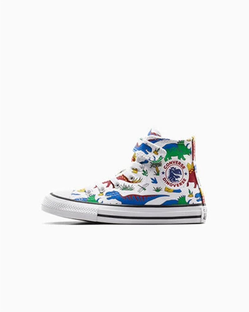Kids’ Converse dinosaur high-tops with velcro straps, side view featuring custom Converse Dinosaurs logo patch.