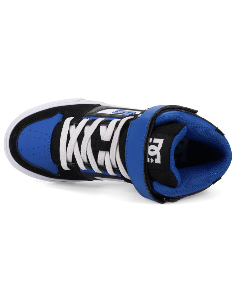 Top view of DC Youth Spartan high-top sneaker showing blue toe, white laces, and padded black and blue collar.