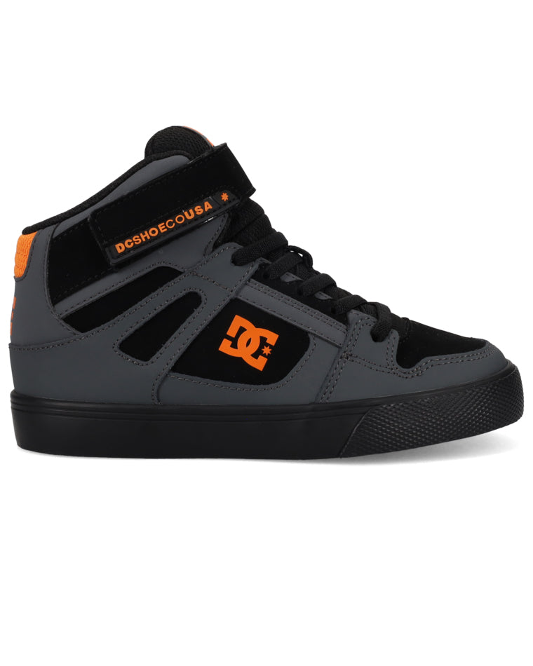 Side view of black and grey DC sneakers with orange DC Shoes USA branding