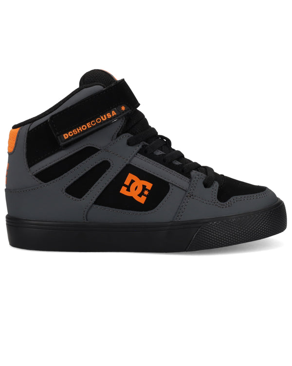 Side view of black and grey DC sneakers with orange DC Shoes USA branding