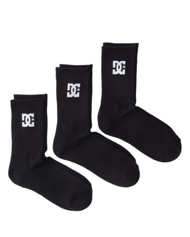 Three-pack of black crew socks with white DC logo on ribbed upper