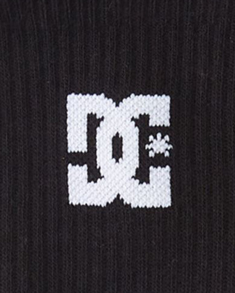 Close-up of ribbed knit texture with white DC logo stitched into fabric