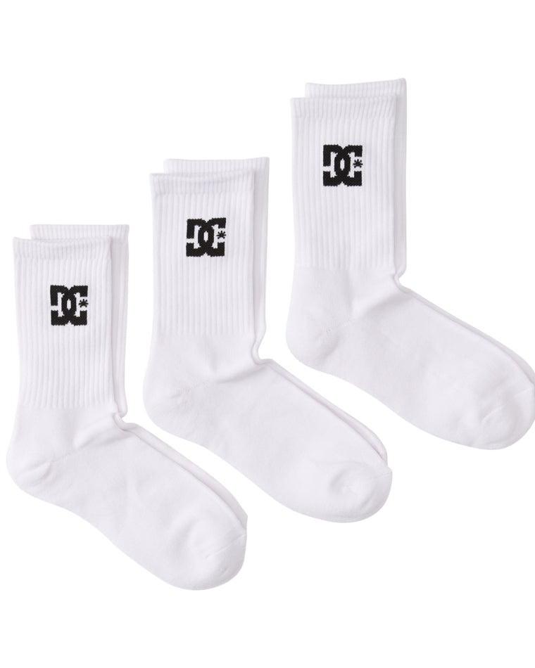 White DC crew socks in a 3-pack with black DC logo on the ribbed ankle.